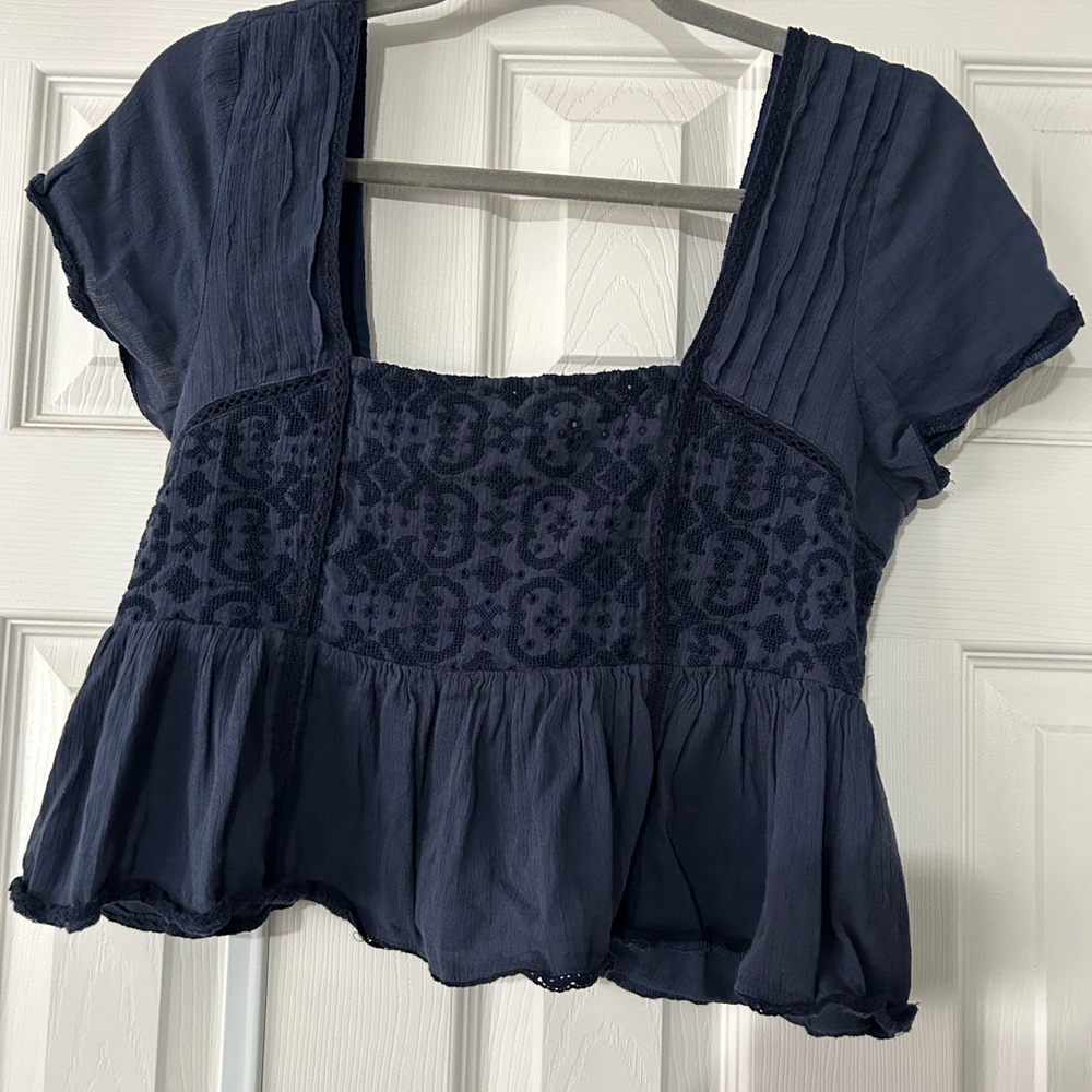 American Eagle Outfitters Dark Blue Embroidered Blouse